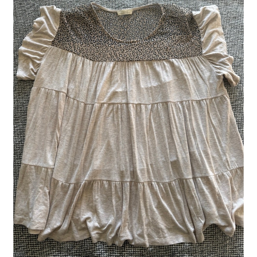 Women's Tan and Cheetah Print Loose Fit Cotton Shirt- Size Medium